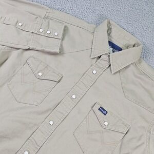 Wrangler Shirt Mens LT Beige Twill Western Pearl Snap Long Sleeve Cowboy